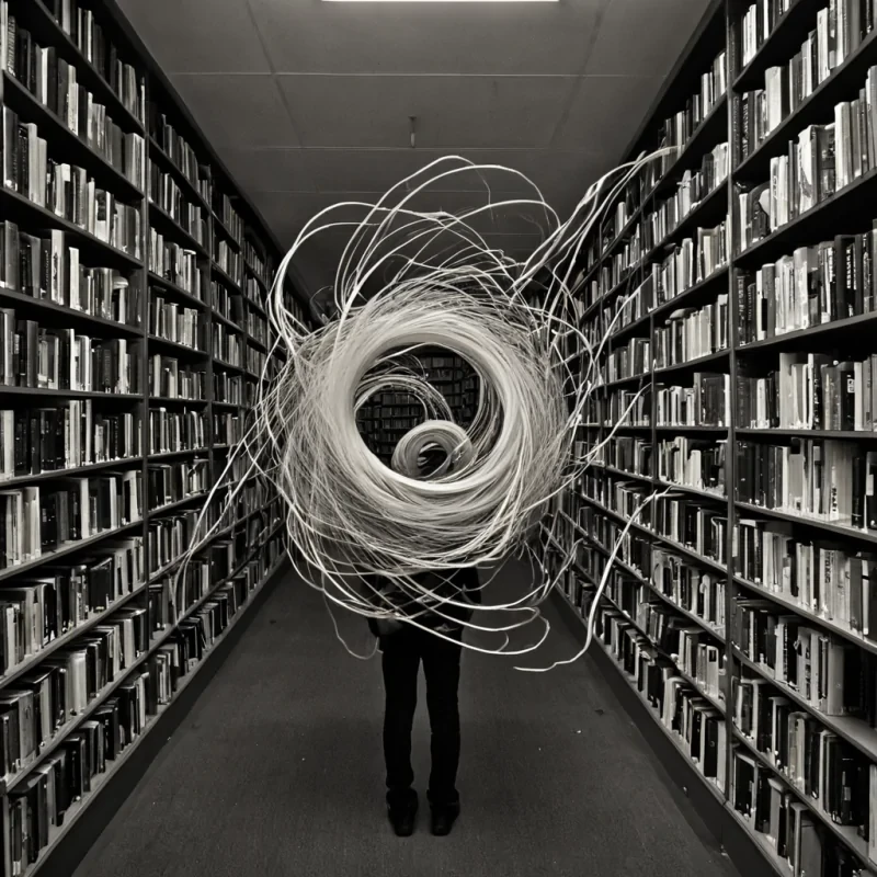 A single, selfresonating filament of reversed nostalgia, shaped like a 9,127dimensional thread of unformed memory and inverted longing, drifts through the core of a vast, inverted library of solidified forgetting. Each twist is spun from the exact moment between a hand brushing a bookshelf and its refusal to recall the title, a photograph being held and dissolving into nonidentity, a name whispered in a dream and collapsing into pure, unmeasured nonremembrance. The thread does not preserve the pastit unpreserves it, each shimmering strand shedding a layer of emotional potential that never coalesced into warmth, recognition, or the weight of having been loved. As it spirals through the library