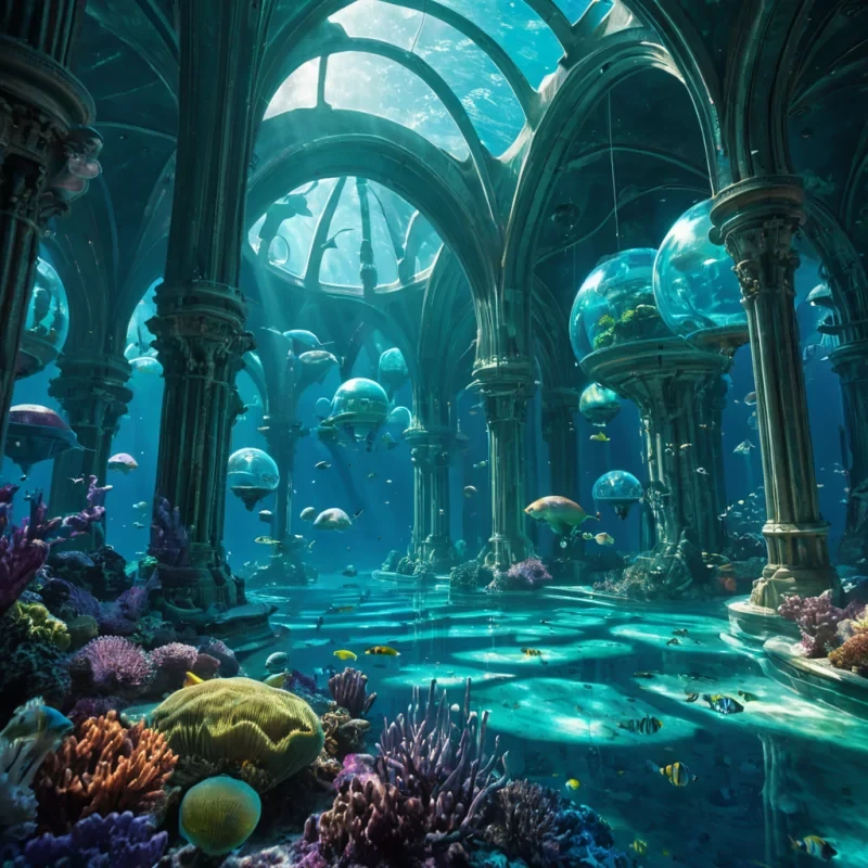 A futuristic underwater city floats beneath a softly glowing sea, its rounded domes and glass spires reflecting the vibrant blues and greens of the ocean. Streamlined archways connect levels of the city, where glowing globes and bioluminescent blooms sway gently in the current. Ethereal underwater beings with iridescent fins glide through the azure depths, casting long, rippling shadows. The scene is bathed in soft, diffused light from above, pierced occasionally by rays of sunlight breaking through the seas surface, creating a mesmerizing prism of colors. The overall composition is Hyperrealistic, with detailed textures on the sleek, polished surfaces of the domes and reflections shimmering on the gentle ocean floor.