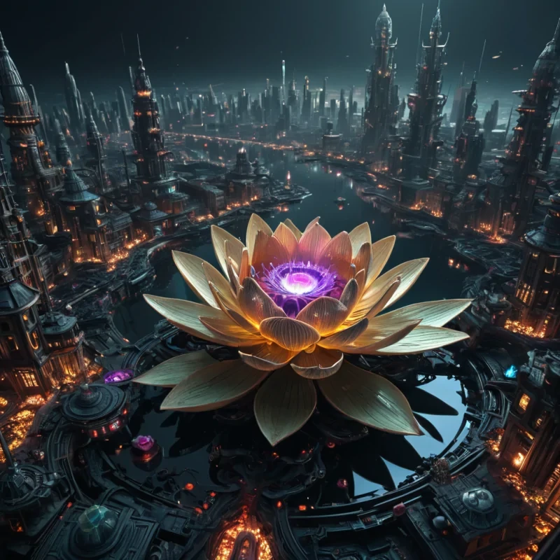 A colossal, ancient, mechanical lotus, its metallic petals unfurling to reveal a labyrinthine, neonlit city within, blooms from the heart of a vast, undulating, obsidian plain. Suspended within the lotus stamen, a holographic, sentient, mechanical swarm of dragonflies dances, casting ephemeral shadows on the citys inhabitants sentient, robotic, reptilian creatures. Rendered in ultra HD, with volumetric lighting, atmospheric effects, and vibrant colors, evoking a sense of surreal, otherworldly wonder.