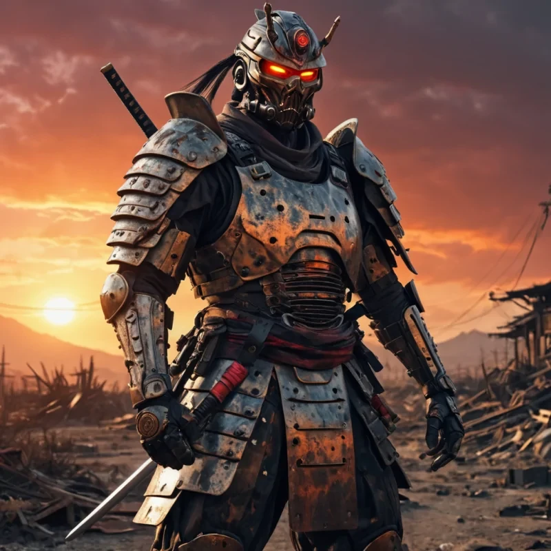 A hyperrealistic, 4K portrait of a stoic, cybernetic samurai standing guard in a postapocalyptic wasteland, with dynamic lighting casting harsh shadows on its metallic armor, and a vibrant, fiery sunset illuminating the desolate, crumbling landscape.