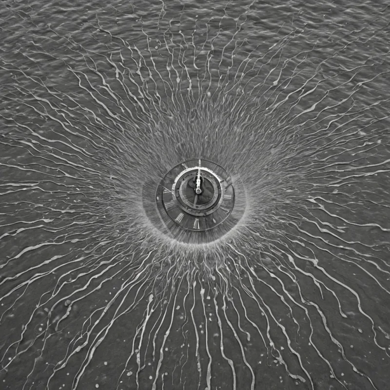 A single, selfrewriting constellation of liquid time, shaped like a 713dimensional river of unformed chronology and inverted causality, flows through the center of a vast, inverted clocktower of solidified stasiseach gear frozen midturn in the exact moment between a seconds passage and its refusal to tick, a pendulums swing and its sudden collapse into still air, a chimes resonance and its silent unraveling into pure silence. The river does not flowit unflows, each shimmering current shedding a layer of temporal potential that never coalesced into a shared sequence, reforming into ephemeral, topazthreaded afterimages shaped like the negative space between two hands that never turned the same hour