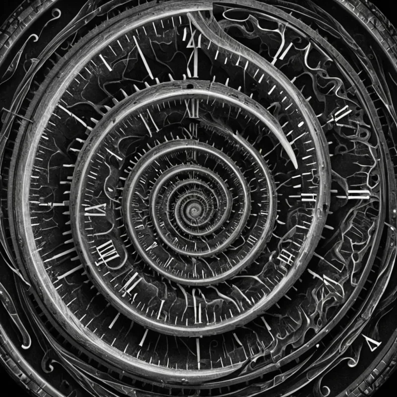 A single, selfilluminating fractal of reversed time, shaped like a 13,421dimensional spiral of unformed chronology and inverted causality, drifts at the center of a vast, inverted clockwork of solidified stillness. Each gear is forged from the exact moment between a second ticking and its refusal to pass, a heartbeat syncing with a distant pulse and dissolving into nonprogression, a hand turning a key and collapsing into pure, unmeasured nonmotion. The spiral does not measure durationit unmeasures it, each twisting filament shedding a layer of temporal potential that never coalesced into sequence, memory, or the weight of becoming. As it rotates backward through the clockworks frozen