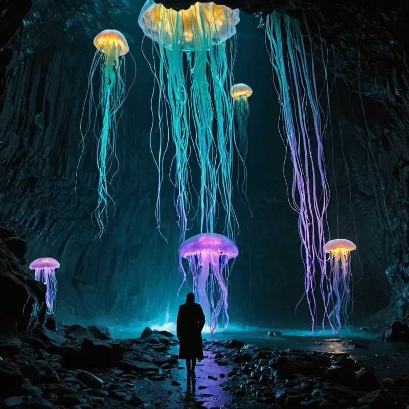 A horizontal, eyelevel wide shot of a subterranean cavern where the walls are lined with vertical, cascading waterfalls of liquid gold that flow upward against gravity, illuminated by the soft, bioluminescent glow of giant, translucent jellyfish floating in the air like ethereal lanterns. In the foreground, a sleek, minimalist bridge made of polished black basalt spans the chasm, populated by a solitary figure wearing a highcollared, iridescent trench coat made of synthetic scales that shift from teal to violet as they walk. The air is thick with suspended, glowing spores that drift like snow, creating a dreamlike, hazy atmosphere. The lighting is cinematic and moody, with strong rim lights defining the figure
