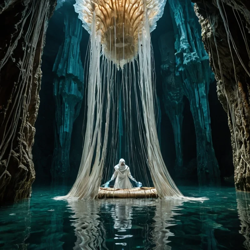 A horizontal, eyelevel wide shot of a subterranean textile atelier carved directly into the base of a massive, vertical stalactite forest within a crystalclear underground lake. The walls are composed of smooth, polished onyx that reflects the cool, tealhued light filtering down from the surface far above, illuminating hundreds of delicate, silk threads suspended in the stagnant water. In the center, a large, floating loom constructed from pale, bleached whale bone and tensioned with copper wires weaves intricate patterns into a translucent, iridescent fabric that drifts like a jellyfish. In the foreground, an artisan wearing a sleek, waterproof suit of matte white polymer with goldtrimmed gloves gently guides a shuttle through the water,
