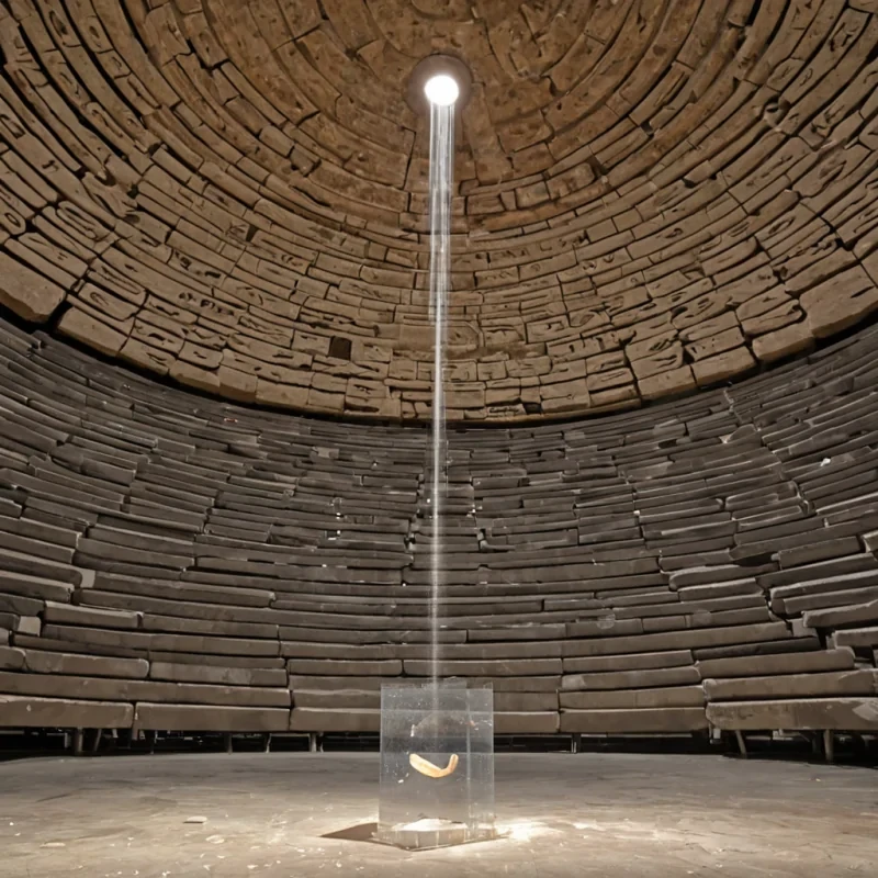 A single, selffragmenting prism of compressed laughter hangs suspended in the center of a floating, inverted amphitheater carved from the petrified echoes of a joke told in a language that never existed. The prism does not refractit unrefracts, each pulse reversing the dispersion of light into a dense, golden knot that resonates with the harmonic frequency of a chuckle that never reached the ears of anyone who never lived. The amphitheaters seats are not stonethey are hollowedout shells of solidified amusement, each etched with the thermal residue of a smile that never formed, their surfaces shimmering with the chromatic afterimage of a laugh line frozen midcontraction. The stage is not woodit is