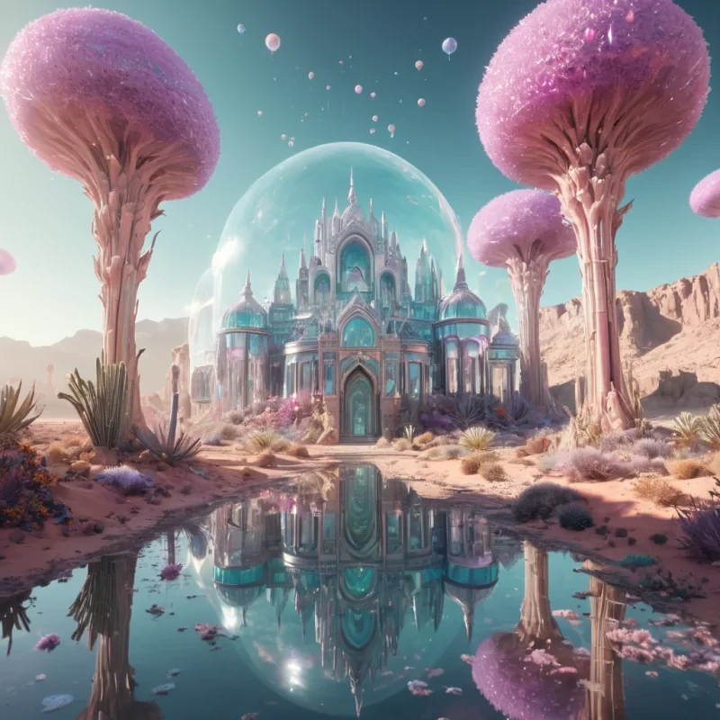 A levitating, crystalline palace floats above a vast, mirrored desert, its walls adorned with shifting, holographic murals, as gravitydefying gardens bloom with luminescent, otherworldly flora, hyperrealistic, ultra HD, cinematic lighting, volumetric lighting, atmospheric effects, soft focus, pastel tones, detailed textures.