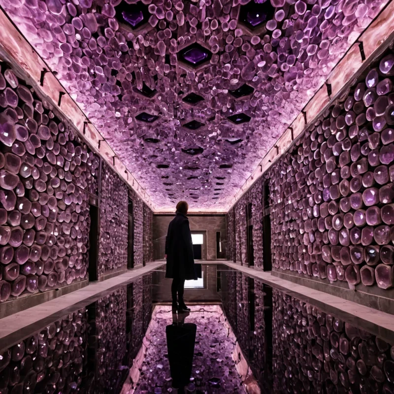 A horizontal, eyelevel wide shot of a sprawling, subterranean archive carved into the hollowed interior of a colossal, translucent geode, where the walls are lined with millions of tiny, hexagonal crystal facets that refract soft, internal light in shifting gradients of amethyst and rose quartz. Suspended from the vaulted ceiling by thin, nearly invisible carbonfiber cables are thousands of vintage mechanical typewriters, each one encased in a protective, amberhued resin block that glows faintly from within. The floor is a smooth, reflective pool of still, dark oil that mirrors the intricate, kaleidoscopic patterns of the crystal ceiling above. In the foreground, a figure wearing a tailored, charcoalgrey coat with high