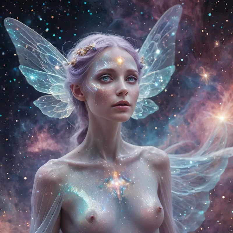 A hyperrealistic, 4K, ultra HD portrait of a mysterious, ethereal being with opalescent skin and eyes that shimmer like starlight. The beings iridescent, gossamer wings flutter gently, leaving trails of stardust in their wake. The background is a nebula of swirling, pastel hues, with distant galaxies and planets casting a soft, ethereal glow. Cinematic lighting accentuates the beings otherworldly features, while a subtle bokeh effect blurs the cosmic backdrop, creating a dreamlike atmosphere.