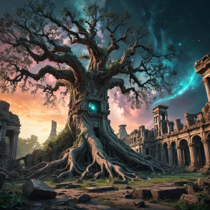 Create an ultradetailed, 8K, ultrawide cinematic scene of a colossal, ancient tree, its sprawling roots entwined with the ruins of a longforgotten, crumbling city. The trees colossal trunk stretches towards a swirling, vibrant nebula in the sky, its branches adorned with bioluminescent flora and fauna that cast an ethereal glow. The citys onceproud towers are now entwined with the trees roots, their windows casting eerie shadows on the overgrown streets. In the foreground, a small, curious robot, its metallic body reflecting the trees glow, explores the ruins, its eyes scanning the intricate carvings on the ancient stones