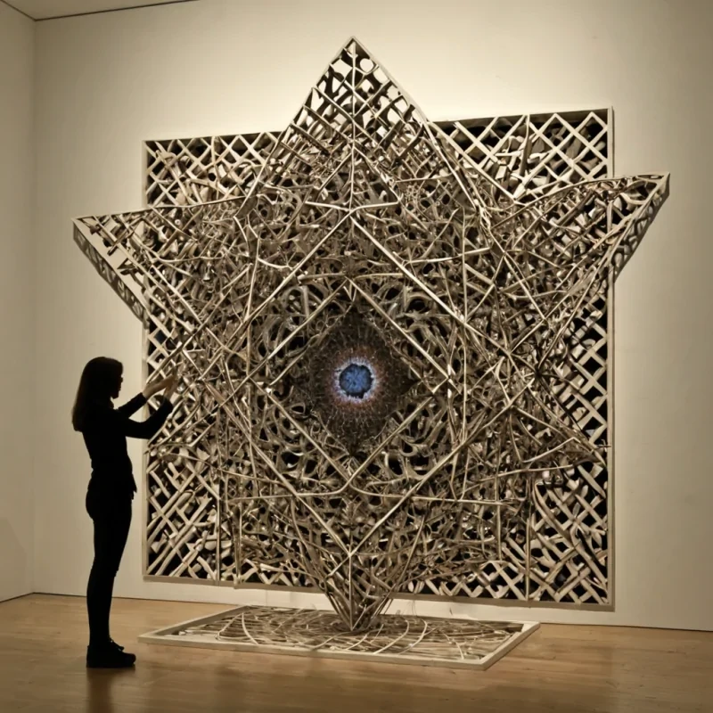 A single, selfreplicating fractal of reversed memory, shaped like a 9,342dimensional lattice of unformed recollection and inverted nostalgia, pulses at the center of a vast, inverted museum of solidified forgetting  each exhibit carved from the exact moment between a photograph being developed and its refusal to reveal a face, a name being whispered and dissolving into nonlinguistic oblivion, a hand reaching for a loved one and collapsing into pure, unmeasured absence. The lattice does not preserve the past  it unpreserves it, each fractal node shedding a layer of mnemonic potential that never coalesced into shared remembrance, reforming into ephemeral, amethystthreaded afterimages shaped like
