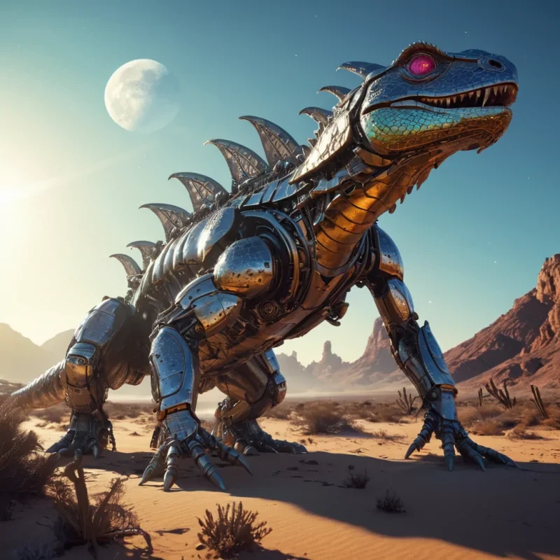 A colossal, mechanical lizard emerging from a futuristic, neonlit desert, its scales shimmering like chrome under the glow of three moons, hyperrealistic, 4K, cinematic lighting, volumetric lighting, atmospheric effects, lens flare, vibrant colors, detailed textures.