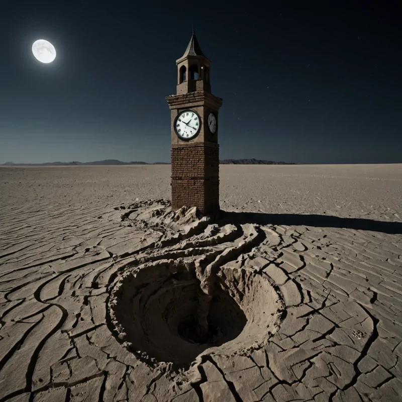 A single, inverted clock tower made of solidified moonlight and woven silence stands at the center of a vast, still desert of liquid time, its hands not moving but frozen midswing as if caught in the exact moment before a decision was made. The tower is not built upwardit grows downward, its foundation buried deep in the sand, roots of compressed breath extending into the earth like veins of forgotten memories. Each brick is a different tone of a lullaby never sung, glowing faintly with the afterimage of a name whispered in the dark. The clock face is not glass, but a thin, translucent membrane of solidified regret, etched with shifting glyphs that form the shape of a question mark every time a breath passes near it