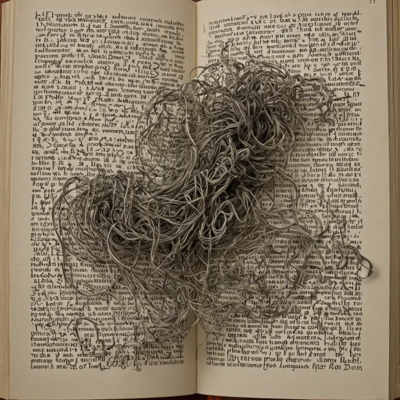 A single, selfrewriting thread of reversed language, shaped like a 13,709dimensional tangle of unformed syntax and inverted meaning, drifts through a vast, inverted dictionary of solidified silence  each page forged from the exact moment between a word forming on the tongue and its refusal to be spoken, a sentence assembling in thought and dissolving into nonsemantic void, a name written in ink and collapsing into pure, unmeasured nonidentity. The thread does not convey meaning  it unconveys it, each unraveling strand shedding a layer of linguistic potential that never coalesced into shared understanding, reforming into ephemeral, cobaltveined smoke that settles like forgotten names on the cold