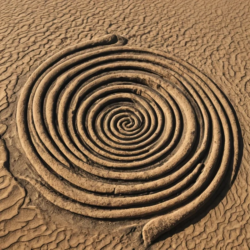 A single, selfsiphoning coil of solidified wind, shaped like a helix of reversed atmospheric pressure, spirals at the center of a vast, inverted desert carved from the compressed, unbreathed breaths of a civilization that communicated through the duration of synchronized, silent exhaling. The coil does not blowit unbreathes, each rotation dissolving a layer of airflow that never coalesced into a gust, reforming into ephemeral, quartzveined afterimages shaped like the negative space between two lungs that never emptied in the same moment of mutual release. The desert is not aridit is a layered expanse of petrified exhalation, each dune etched with the kinetic residue of a breath