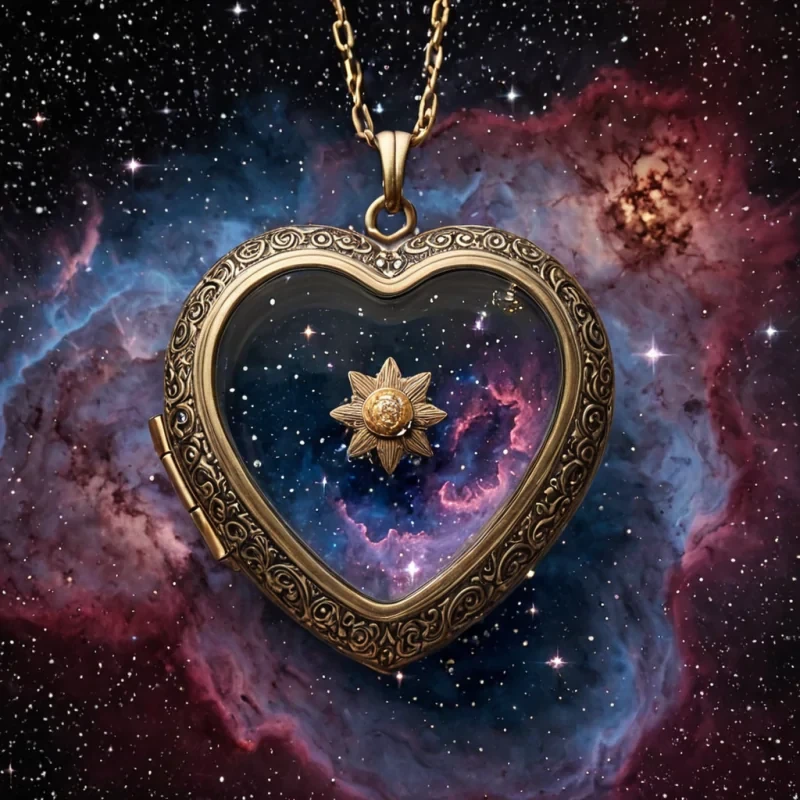 A single, colossal, selfreplicating locket floats in the center of a vast, rotating nebula composed entirely of solidified breaths from a civilization that communicated through the scent of forgotten flowers. The locket is not metalit is forged from compressed moonlight and the emotional residue of a first kiss never shared, its surface etched with the faint, shimmering outlines of petals that bloomed in a dream that never ended. The nebula does not driftit pulses in slow, synchronized rhythm with the heartbeat of a star that never ignited, its spiral arms not gas and dust, but layers of frozen sighs, each one shaped like the negative space between two lovers who never met. The locket does not openit expands,
