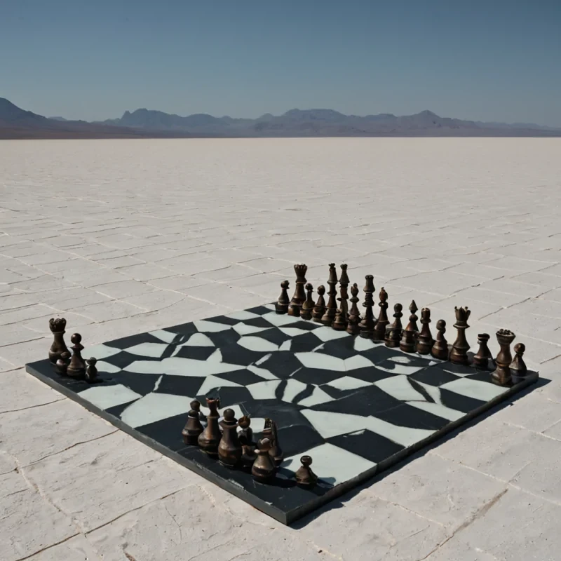 A horizontal, eyelevel wide shot of a vast, arid salt flat transformed into a colossal, geometric chessboard composed of interlocking hexagonal tiles in varying shades of matte charcoal, oxidized copper, and bleached bone white. Rising from the center of the board is a monolithic, spiraling tower constructed entirely from stacked, translucent blocks of amberhued resin, each block encapsulating a single, perfectly preserved dried flower or seed pod. The sky above is a crisp, cloudless azure, casting sharp, long shadows that stretch across the flat landscape. In the immediate foreground, a figure wearing a minimalist, highfashion ensemble made of stiff, pleated white linen stands holding a long, slender wand tipped with a glowing orb of pure white