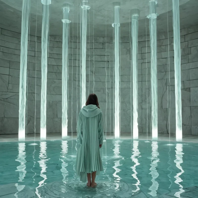 A horizontal, eyelevel wide shot of a vast, submerged architectural plaza constructed from smooth, curved slabs of white marble and translucent quartz, partially covered by a shallow layer of crystalclear water that ripples gently. Rising from the center is a massive, inverted fountain structure made of polished chrome, ejecting a column of dry, silverbell chimes that float upward in a slow, gravitydefying cascade. The background features towering walls of vertical, glowing fiberoptic cables in soft pastel hues of mint green and baby blue, creating a serene, ethereal atmosphere. In the foreground, a figure wearing a structured, avantgarde coat made of stiff, pleated white canvas with asymmetrical cutouts stands barefoot on the wet marble,
