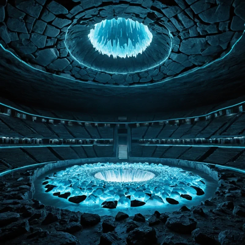 A hyperrealistic, eyelevel perspective of a vast, circular amphitheater constructed from polished, translucent sheets of frozen nitrogen ice, situated within a deep, subterranean cavern on a distant ice moon. The seating tiers curve inward, composed of thousands of individual, hexagonal ice pods that glow with a faint, rhythmic cyan bioluminescence, resembling a living hive. In the center of the arena, a solitary, massive geode has been split open, revealing an interior filled with jagged, electricblue crystals that pulse with synchronized, rhythmic light, casting sharp, prismatic reflections across the smooth, glossy floor. Above, the cavern ceiling is a dome of dark, porous basalt rock, from which hang slender, glowing
