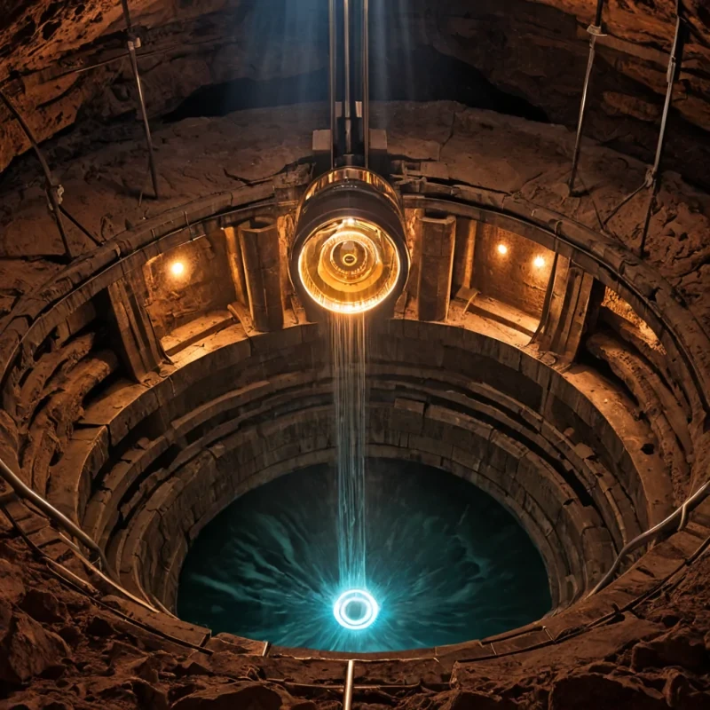 A highangle, wide shot of a colossal, subterranean aqueduct system carved into the bedrock of a deep canyon, where the water flows upward in defying gravity, creating vertical rivers of shimmering, mercurylike liquid that spiral around the central shaft. The walls are lined with intricate, copper piping and glowing, ambercolored fiberoptic cables that pulse with rhythmic light, illuminating the wet, polished stone surfaces. In the foreground, a massive, circular valve mechanism made of brushed steel and brass dominates the lower frame, its intricate gears and leathers seals visible in extreme detail, with mist rising from the heat of the moving fluid. The lighting is dramatic and volumetric, with beams of light piercing through ventilation shafts high above