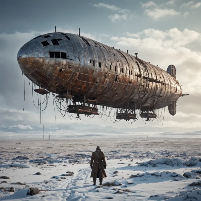 A colossal, ancient, derelict zeppelin, its rusted, skeletal frame looming over a desolate, snowkissed tundra, stands as a silent sentinel to a forgotten era. The zeppelins colossal, dormant hydrogen chamber, crafted from a labyrinth of interlocking, iridescent metal struts, casts dynamic, ethereal shadows across the barren landscape, revealing intricate, ancient runes etched into the weathered, icecovered terrain. Within, a lone, spectral figure, clad in a tattered, vintage airship captains uniform, drifts through the desolate space, their form composed of swirling, snowkissed motes of light. Ultra HD,