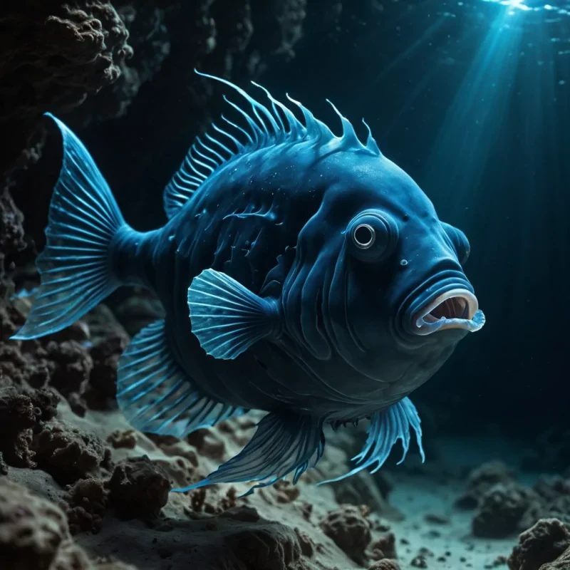 Sapphire Abyss A hyperrealistic, Ultra HD, bioluminescent anglerfish swims through the desolate, cinematic depths of a vast, underwater trench. Its luminescent, detailed fins cast intricate, dynamic shadows across the alien, monochromatic landscape, while its glowing, volumetric lure pulsates with a rhythmic, atmospheric rhythm. The fishs transparent, textured body reveals the swirling, atmospheric effects of the trenchs abyssal plain, creating a soft, ethereal bokeh effect that dances with the scenes lens flare.