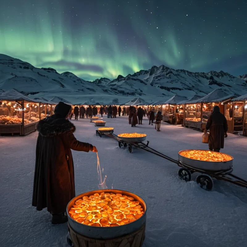 A horizontal, eyelevel wide shot of a vast, openair market situated on the smooth, undulating surface of a massive, frozen lake under a twilight sky streaked with auroras. The stalls are not built from wood or metal, but are formed from towering, crystalline structures of solidified sugar and spun glass, glowing from within with warm, amber light. Shoppers clad in heavy, furlined cloaks woven with metallic threads navigate the ice, pulling sleds loaded with exotic, luminescent fruits that float gently above the ice without touching it. In the foreground, a vendor pours a steaming, viscous liquid from a hornshaped vessel into a cup held by a customer the steam rises in perfect, geometric spirals,