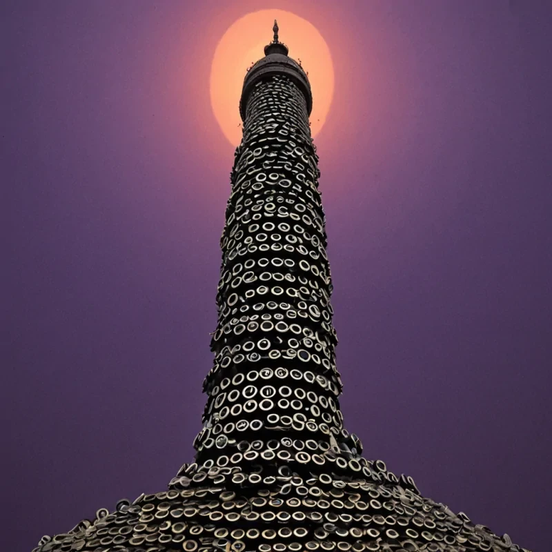 A hyperrealistic, eyelevel photograph of a solitary, towering structure composed entirely of stacked, interlocking vintage typewriter keys, forming a spiraling skyscraper that pierces a thick, violet twilight sky. The keys are made of aged, ivorycolored plastic and oxidized brass, their legends worn smooth by invisible use. Surrounding the base of the tower is a shallow, circular moat of flowing, dark, viscous ink that reflects the glowing, neonorange lights embedded within the key gaps. Suspended in the air around the midsection of the tower are dozens of floating, translucent sheets of paper, each displaying a single, large, handwritten character in silver gel pen, drifting slowly in a gentle, upward current. The lighting is soft