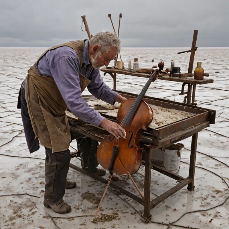 A horizontal, eyelevel medium shot of a solitary luthiers workshop perched atop a drifting, rusted iron barge in the middle of a calm, glassy salt flat under a pale, overcast sky. The workspace is defined by a weathered, peeling white wooden table cluttered with sprays of golden varnish, scattered sprigs of dried lavender, and tools with handles worn smooth by decades of use. In the center, an elderly craftsman with deep lines on his face and wearing a canvas apron stained with amber resin carefully sands the curved body of a cello with a strip of finegrit sandpaper, sending a fine mist of wood dust dancing in a single, dramatic shaft of cool, diffused sunlight