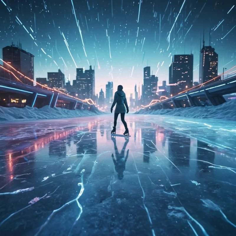 A lone figure skates across a frozen, neonlit lake in a futuristic cityscape, leaving trails of stardust in their wake, hyperrealistic, 4K, cinematic lighting, volumetric lighting, atmospheric effects, dynamic lighting, bokeh effect, soft focus, lens flare, cool blues, electric neons, and icy whites, detailed textures.