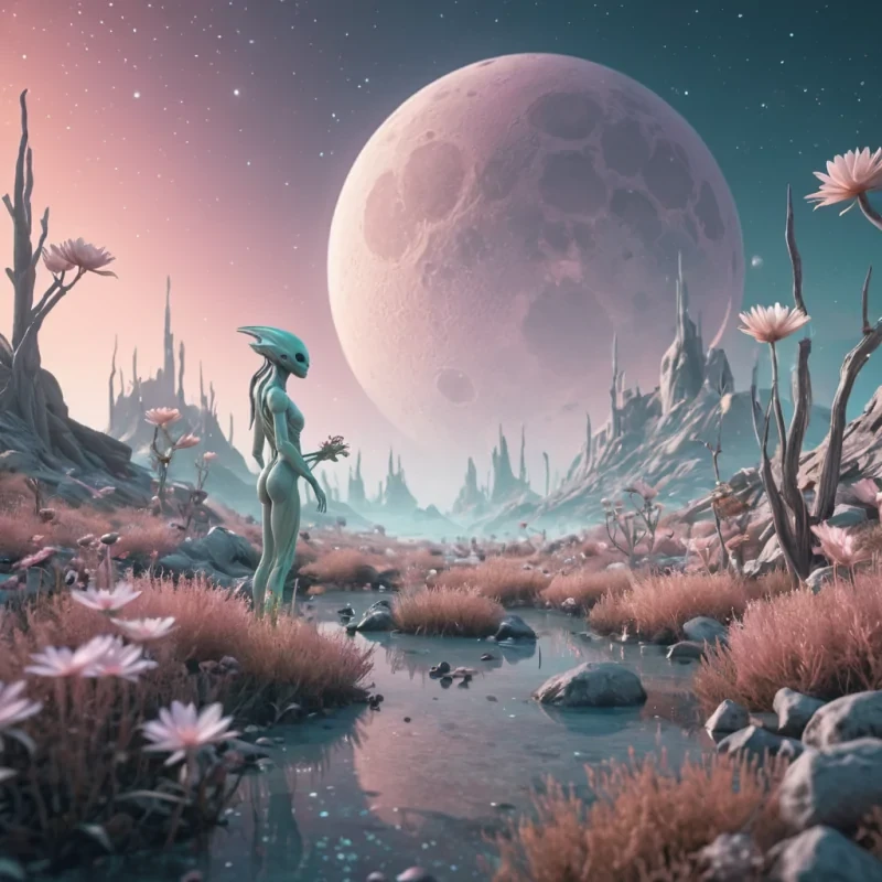 A serene, pastelhued alien landscape under twin moons, with luminescent, floating flora and fauna, hyperrealistic, 4K, volumetric lighting, soft focus, bokeh effect.