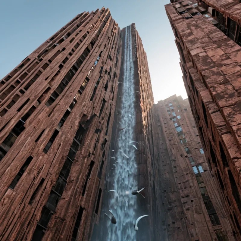 A hyperrealistic, lowangle wormseye view of a towering, brutalist skyscraper constructed from roughhewn, rusted red sandstone blocks, seamlessly integrated with sprawling, cascading waterfalls of liquid mercury that flow down its facades. The building is situated in a dense, urban canyon shrouded in thick, volumetric morning fog that diffuses the pale, sunlit sky. In the immediate foreground, a sleek, white ceramic drone with delicate, featherlike rotors hovers motionless, its underside emitting a soft, cool blue pulse that contrasts with the warm, earthy tones of the stone. The mercury streams catch the light, creating sharp, liquid highlights that ripple across the textured rock surfaces. The background features sil