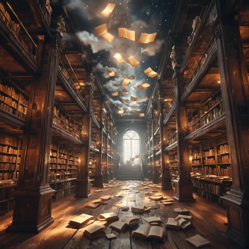 A vast, abandoned library floating in the clouds, its shelves filled with glowing, levitating manuscripts, hyperrealistic, 4K, cinematic lighting, volumetric lighting, atmospheric effects, dynamic lighting, bokeh effect, soft focus, lens flare, antique tones, detailed textures.