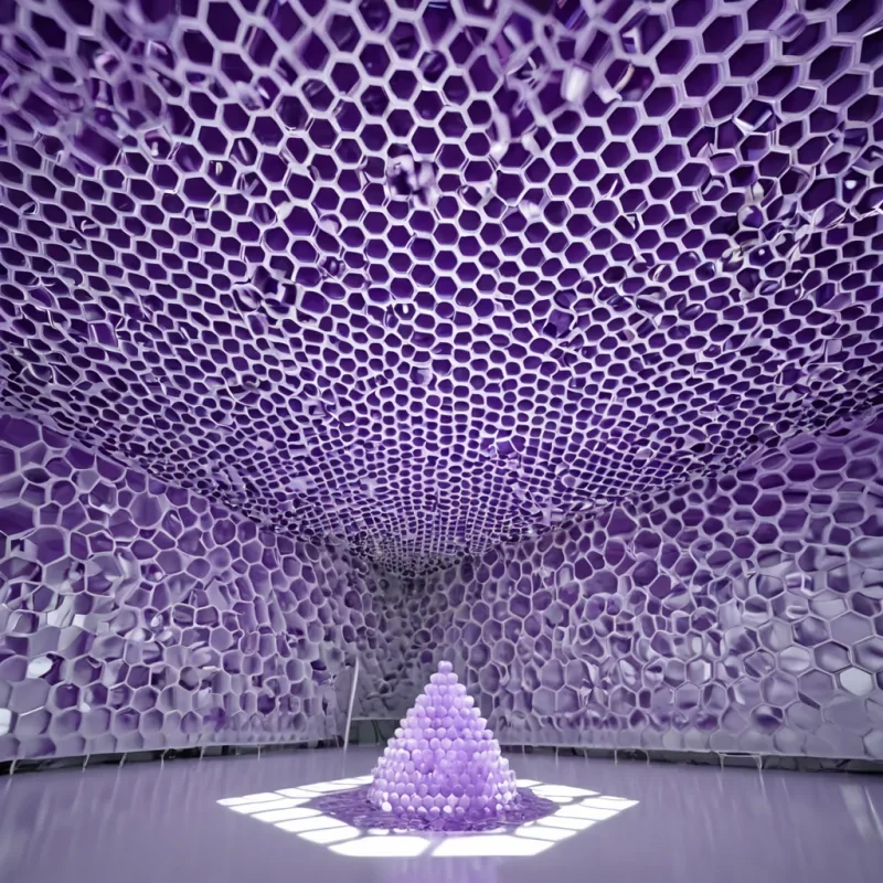 A hyperrealistic, wideangle shot of a vast, sterile laboratory floor made of seamless, matte white composite, covered in a single, sprawling, intricate arrangement of dried, translucent honeycomb structures that have been preserved in a state of perfect, geometric symmetry. The honeycomb is not yellow, but a deep, resonant, ultraviolet violet, glowing with a soft, internal pulse that casts long, sharp, prismatic shadows across the pristine white surface. Suspended in the air above the honeycomb is a swarm of thousands of tiny, perfect, spherical beads of liquid mercury, each one reflecting the violet light and creating a dazzling, shimmering canopy of metallic spheres. The beads are arranged in a complex, threedimensional lattice that mirrors the hex