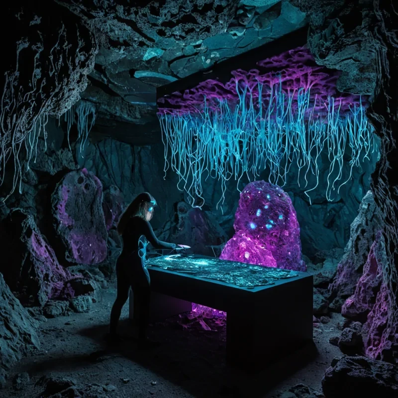 A horizontal, eyelevel medium shot of a clandestine dataarchivists desk situated inside a hollowedout, colossal geode in a subterranean fungal forest. The workspace is a sleek, matteblack carbonfiber slab embedded within the rough, crystalline interior, illuminated by the pulsating, bioluminescent glow of thousands of mycelial networks threading through the rock walls in shades of electric cyan and deep magenta. In the center, a technician wearing a translucent, hapticfeedback bodysuit with exposed circuitry gently manipulates a floating, threedimensional holographic map of neural pathways using bare, fingerless gloves. The air is thick with a fine mist of spores that catch the light, creating a shimmering