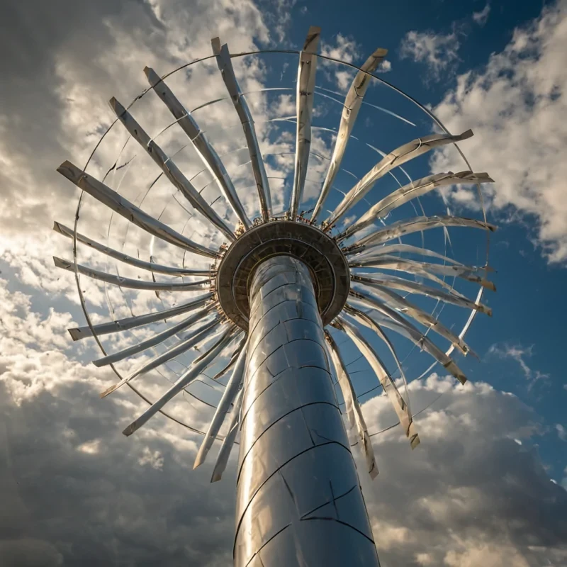 A wideangle, photorealistic depiction of a colossal, vertical wind farm composed entirely of translucent, spunglass turbine blades arranged in a towering, spiraling helix structure that pierces through a thick layer of stratocumulus clouds. The blades are not attached to a central hub but float independently, held in place by invisible magnetic fields, creating a seamless, flowing ribbon of glass that catches the harsh, golden light of a setting sun. Within the hollow core of the spiral, a flock of thousands of small, mechanical birds made of polished copper and brass hover in perfect formation, their tiny propellers buzzing softly. The scene is captured from a low angle looking up, emphasizing the dizzying height and the intricate play of light refracting through