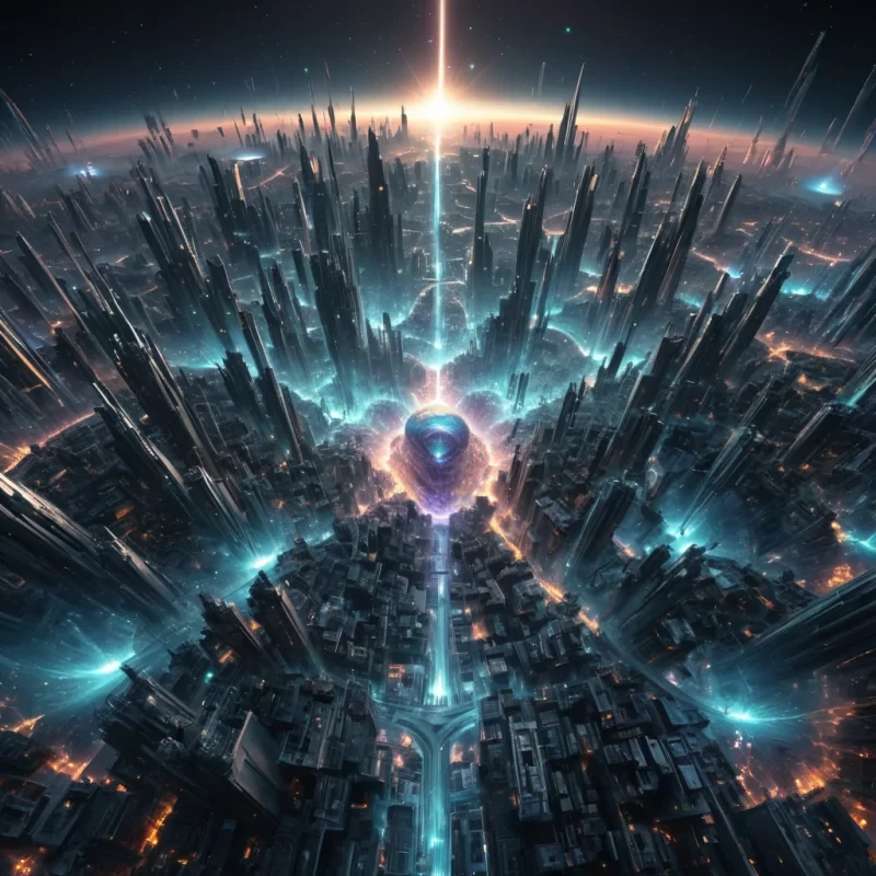 A hyperrealistic, 4K, ultra HD, fractal, nebula metropolis, its crystalline structures unfurling zero gravity, aerodynamic ecosystems. Volumetric lighting from unseen, pulsating, bioluminescent cores etches the citys ethereal, labyrinthine architecture, casting intricate, dynamic, iridescent shadows on the inverted, reflective void. Cinematic lighting bathes the scene in vibrant, nebular hues, with lens flare emphasizing the citys central, radiant, throbbing, crystalline heart, pulsating with captive, alien, aerothermal energy. Photorealistic, fractal, crystalline structures unfurl ultra HD, zero gravity, aerodynamic ecosystems.