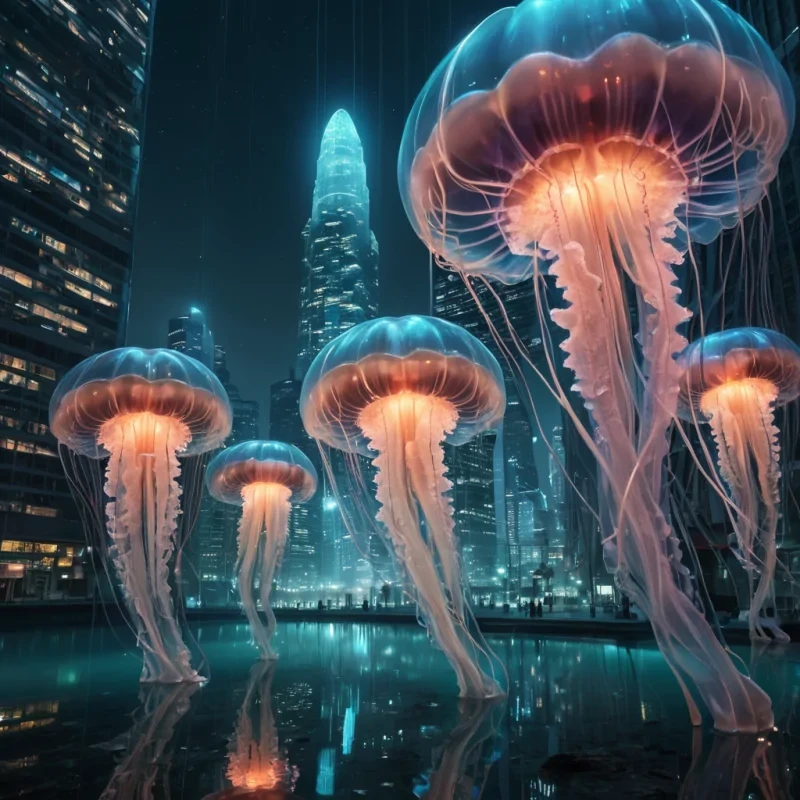 Photorealistic, gargantuan, undulating, opalescent, jellyfish metropolis, its hyperrealistic, 4K, translucent, pulsating structures revealing ultra HD glimpses of a pulsating, bioluminescent world within. Volumetric lighting from an unseen, ethereal source etches the citys ethereal, bellshaped towers, casting intricate, dynamic, shimmering shadows on the inverted, reflective surface. Cinematic lighting bathes the scene in vibrant, otherworldly hues, with lens flare emphasizing the citys central, radiant, throbbing, jellyfish heart, pulsating with captive, alien marine life.