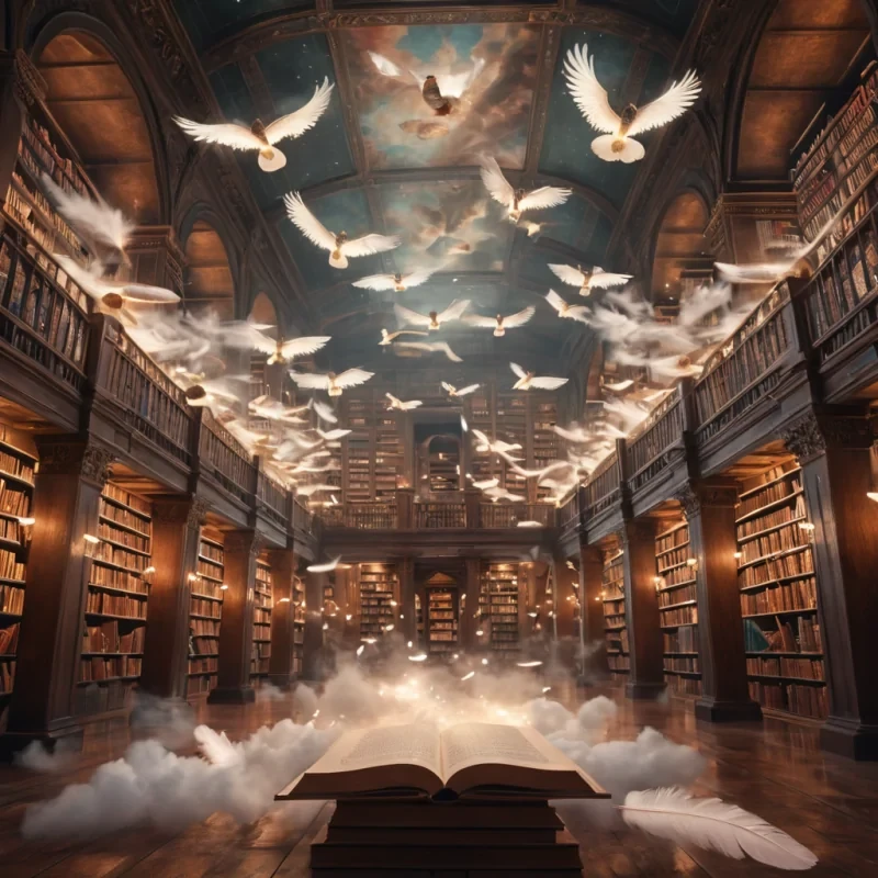 A colossal, levitating library filled with floating, illuminated manuscripts, where readers drift on clouds, surrounded by ethereal, winged scribes transcribing the air with feathered quills, hyperrealistic, ultra HD, cinematic lighting, volumetric lighting, atmospheric effects, soft focus, pastel tones, detailed textures.
