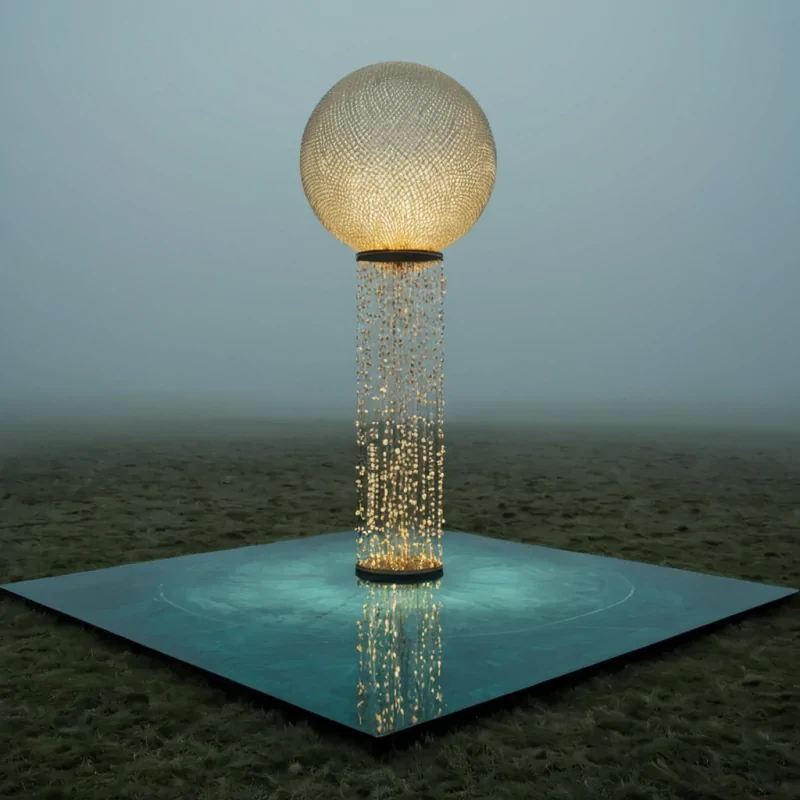 A horizontal, ultrawide cinematic shot of a vast, suspended platform made of raw, polished slate floating in a dense, foggy sky of pale, pearlescent mist. The platform is covered not with grass or stone, but with a thick, undulating carpet of soft, plush velvet in a deep, saturated teal, ripples of which move gently as if breathing. Embedded within the velvet are hundreds of tiny, perfectly spherical beads of liquid gold that reflect the ambient light with a warm, metallic sheen. In the center of the platform, a single, towering, twisting sculpture made of translucent, white bonelike material rises, its surface etched with intricate, geometric patterns that glow with a faint, cool blue bioluminescence. Per