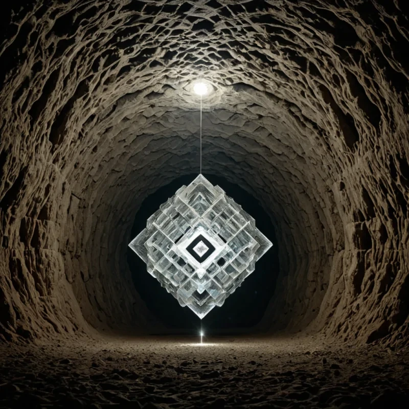 A single, selfilluminating cluster of suspended, crystalline breaths, shaped like a 3dimensional lattice of inverted gravity and unformed weight, hovers at the center of a vast, inverted cavern carved from the solidified silence of a civilization that measured time not by clocks, but by the duration of synchronized, breathless pauses held just before the first heartbeat was ever allowed to echo in a world where life was never permitted to pulse. The cluster does not glowit unbreathes, each facet shedding a layer of biological potential that never coalesced into a shared rhythm, reforming into ephemeral, jadethreaded afterimages shaped like the negative space between two chests that never rose in unison during the same moment of