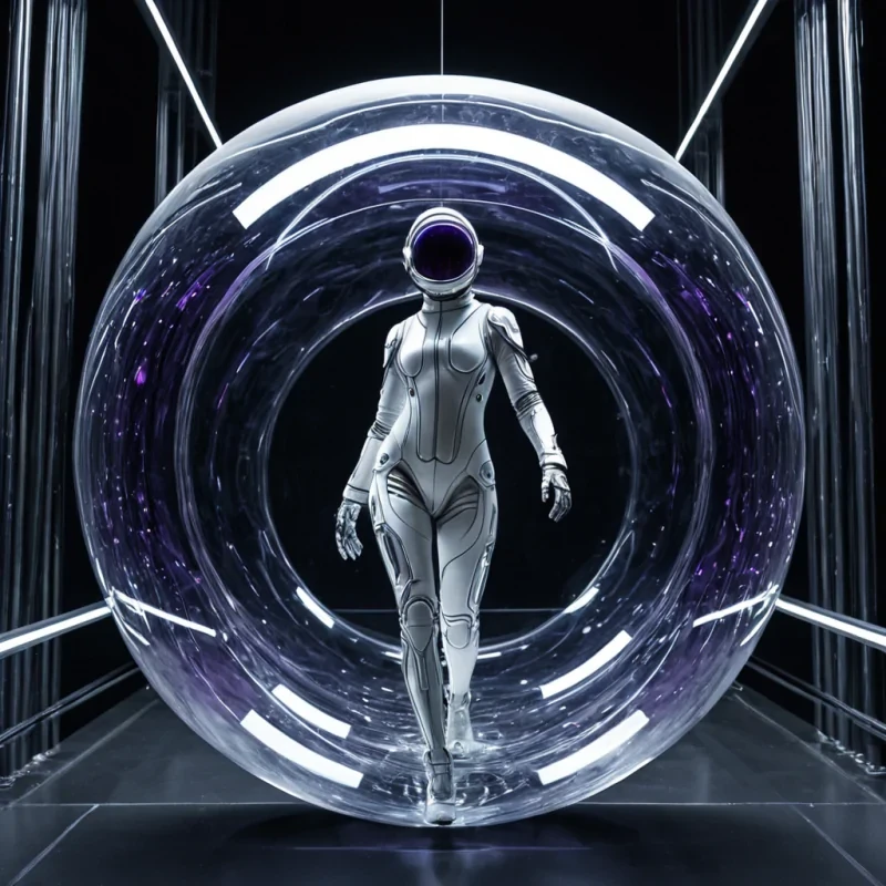 A hyperrealistic, eyelevel medium shot of a solitary figure standing on a suspended bridge made of transparent, tensioned glass cables within a colossal, hollowedout obsidian sphere. The interior walls of the sphere are lined with thousands of vertical, crystalline pillars that hum with a soft, violet ultrasonic vibration, causing the air to ripple with visible, concentric rings of distortion. The figure wears a sleek, mattewhite spacesuit with articulated, chrome joints, holding a tuning fork crafted from glowing, liquid metal that resonates with the pillars. The lighting is dramatic and highcontrast, with sharp, cool blue rim lights highlighting the contours of the suit against the deep, shadowy background, while fine dust motes dance in the air