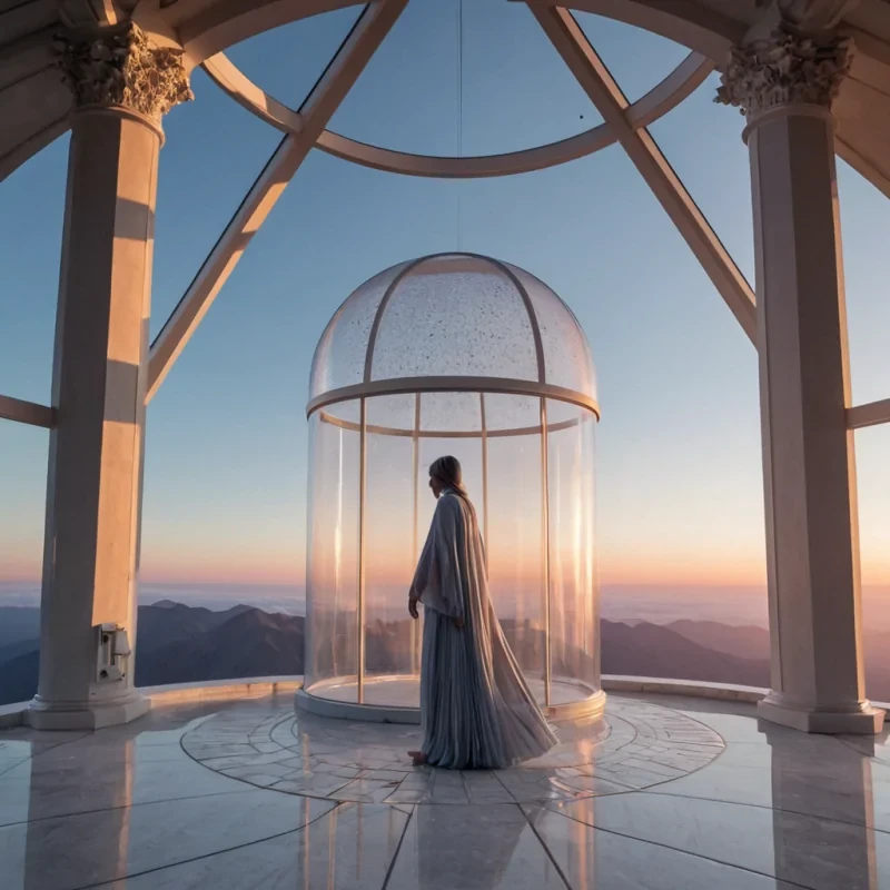 A horizontal, eyelevel wide shot of a serene, highaltitude observatory perched on a jagged peak of pure white salt, where the sky transitions from deep indigo to a soft, pearlescent pink dawn. The central structure is a massive, openair dome made of interlocking, geometric panels of frosted acrylic that diffuse the morning light into a gentle, milky haze. Inside the dome, a solitary figure wearing a minimalist, creamcolored knit tunic with wide, flowing sleeves stands beside a towering, vertical column of clear glass filled with slowrising, goldenbrown tea leaves that swirl in a hypnotic, fluid dance. The floor is composed of polished, dark slate tiles that reflect the soft, pastel light,