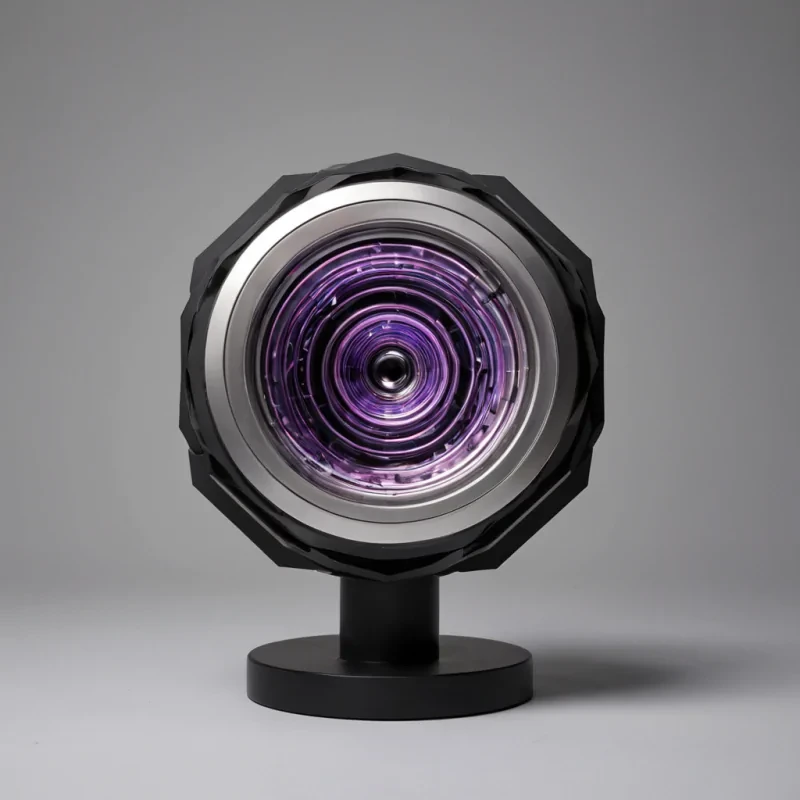 An isometric, cutaway view of a compact, selfsustaining atmospheric engine resting on a pedestal of brushed titanium in a sterile, white void. The device is composed of concentric, nested rings of matte black ceramic that rotate in opposing directions, generating a visible, lowfrequency standing wave of violet static air in the central cavity. Suspended within this turbulent core are thousands of microscopic, geometric prisms made of clear, rigid glass, each refracting the violet light into sharp, spectral bands that project outward like a holographic data stream. The exterior shell features a complex, hexagonal texture that appears to be breathing, with subtle indentations shifting rhythmically. The lighting is clinical and cool, with soft, diffused shadows emphasizing the precision