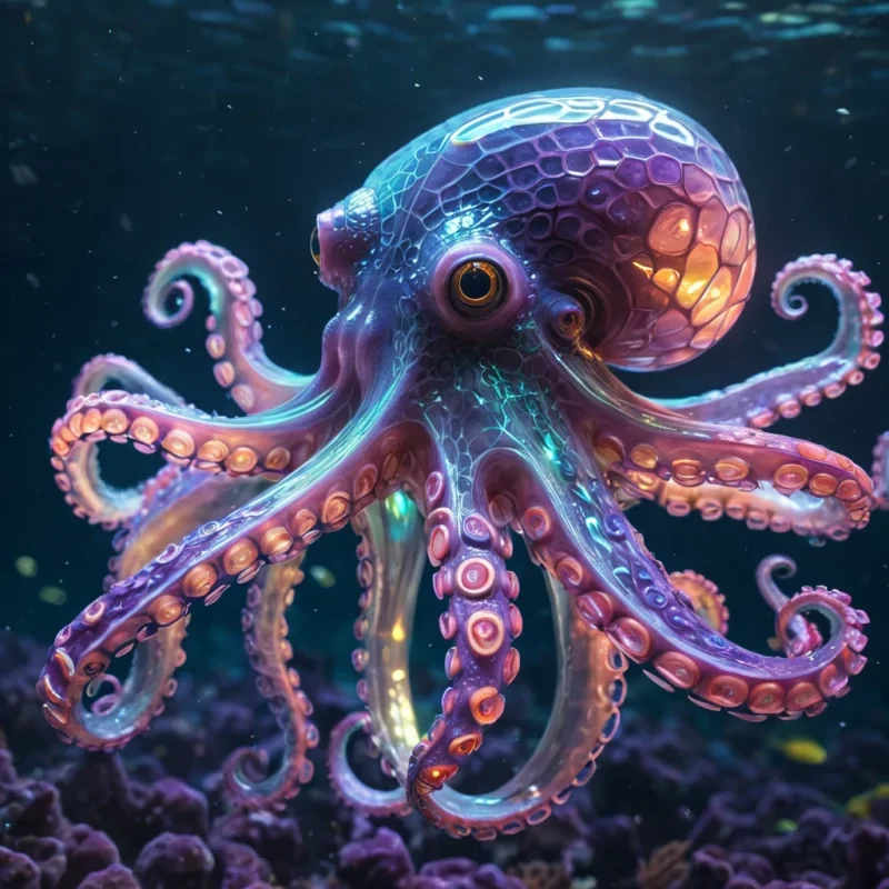 Hyperrealistic neon octopus with iridescent tentacles, gracefully weaving through a floating, geometric lattice of reflective, swirling pastel pentagons, dynamic lighting with volumetric beams, soft focus on its delicate, luminescent body, vibrant colors, 4K resolution, lens flare shimmering around its ethereal form in a surreal, futuristic underwater metropolis.