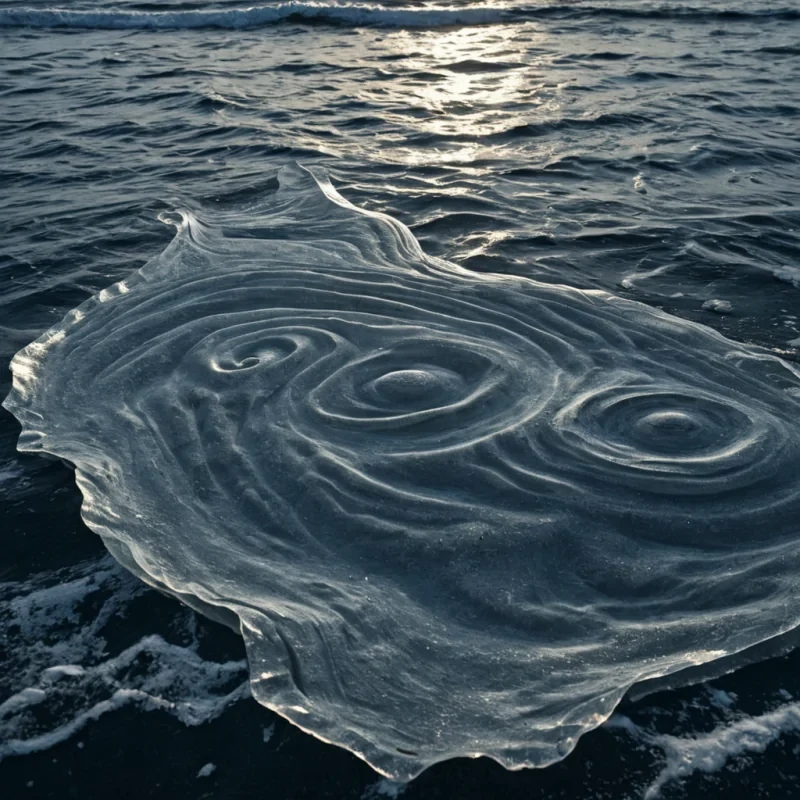 A single, selfsiphoning membrane of solidified moonlight, shaped like a translucent, undulating sheet of inverted frost, drifts through the center of a vast, still ocean where the water is not liquid, but compressed, unremembered dreams from a civilization that communicated through the geometry of shared silences. The membrane does not reflectit undreams, each ripple dissolving a layer of subconscious that never formed, revealing a hollow core shaped like the negative space between two eyelids that never closed in the same breath of sleep. The ocean is not saltit is a layered expanse of petrified unconsciousness, each wave etched with the neural residue of a thought that was almost forgotten, its surface shimmering with the