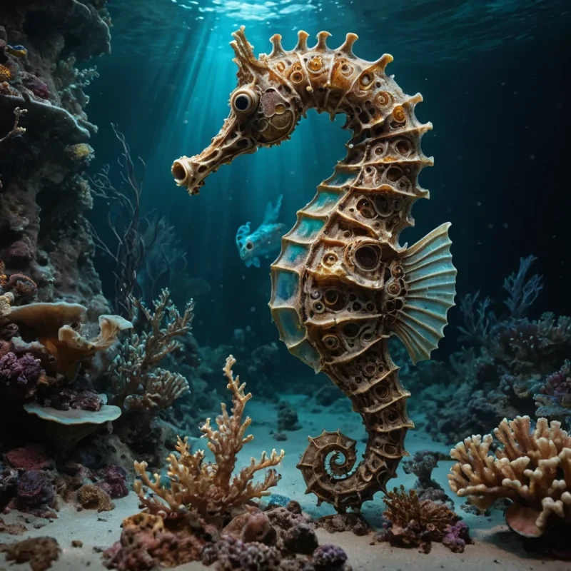In the heart of a hyperrealistic, ancient, submerged, coral reef, a colossal, dormant, mechanical seahorse stirs, its intricate, textured surface reflecting the dynamic, cinematic dance of bioluminescent flora. Volumetric lighting from unseen sources casts dramatic shadows, while atmospheric bubbles swirl in the soft, pastel glow. The seahorses delicate, detailed fins unfurl, revealing a hidden, holographic projector that casts a vibrant, Ultra HD display of a longforgotten alien landscape onto the reefs rusted, detailed walls.