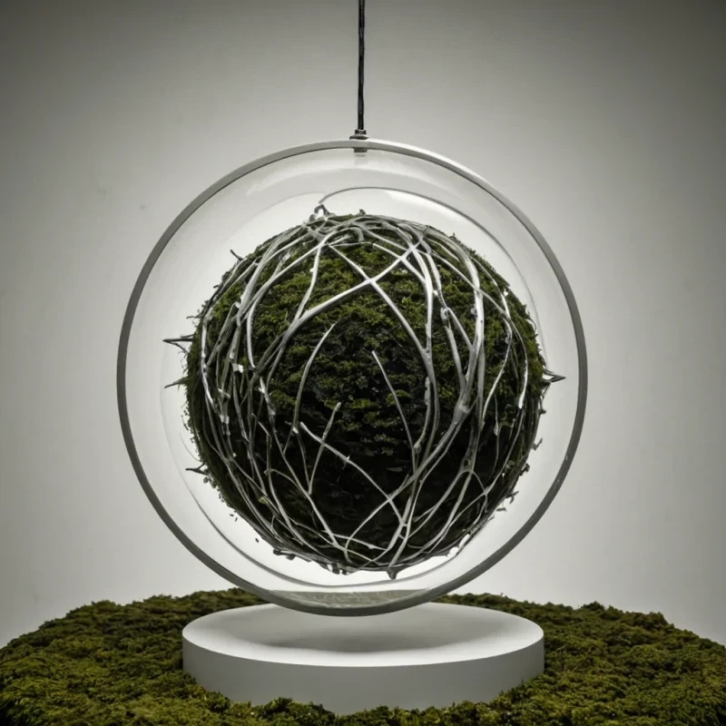 A vertical, ultrawide photorealistic composition depicting a colossal, suspended sphere of woven, matte sagegreen moss floating in a sterile, white void. The moss is not organic but structured as a complex, interlocking lattice of thick, fibrous cords that twist and loop around one another, creating a dense, textured surface that absorbs light softly. Piercing the center of the moss sphere is a jagged, crystalline shard of raw, unpolished obsidian, sharp and black, which reflects the surrounding white space with a distorted, rippled clarity. Emanating from the obsidian shard is a delicate, fractal pattern of thin, glowing threads of pale silver liquid metal, spreading outward like lightning frozen in time, tracing the contours of the