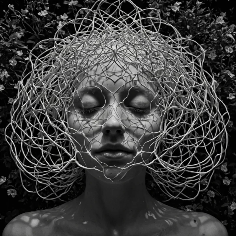 A single, selfilluminating cluster of reversed dreams, shaped like a 17,342dimensional lattice of unformed lucidity and inverted subconscious, pulses at the center of a vast, inverted garden of solidified sleep  each petal carved from the exact moment between an eyelid closing and its refusal to open, a thought forming in the dark and dissolving into noncognitive stillness, a memory fading in the mind and collapsing into pure, unmeasured nonrecollection. The cluster does not dream  it undreams, each branching filament shedding a layer of mnemonic potential that never coalesced into conscious narrative, reforming into ephemeral, amethystveined afterimages shaped like the space between breath