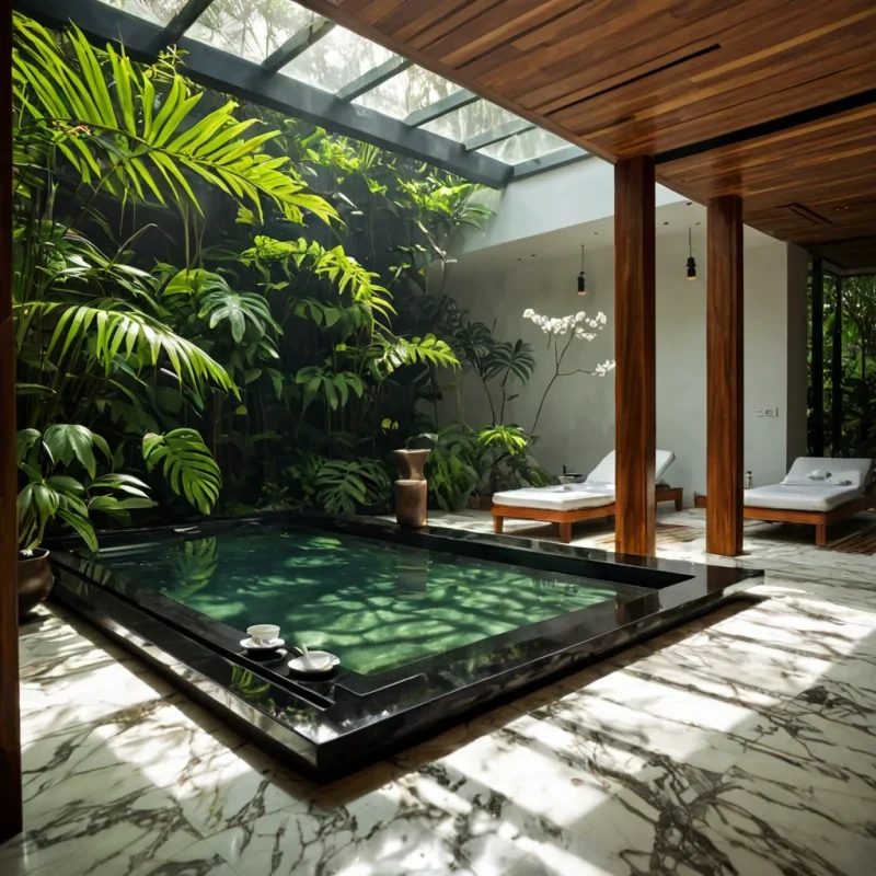 A hyperrealistic, splitlevel perspective of a futuristic, minimalist spa sanctuary constructed from smooth, white marble and warm, honeytoned teak wood, situated on the edge of a floating island in a dense, tropical rainforest. The ceiling is an openair skylight framed by hanging orchids and broadleafed monstera plants, allowing dappled sunlight to filter through the foliage and create intricate, shifting patterns of light and shadow on the polished floors. In the center, a rectangular infinity pool of crystalclear water reflects the vibrant green canopy above, while a single, sleek, black lacquer tea tray with porcelain cups rests on a low table nearby. A gentle mist rises from the waters surface, carrying the scent of jasmine