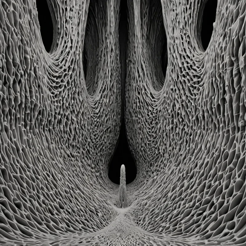 A single, selfoscillating membrane of reversed silence, shaped like a 3,847dimensional lattice of unformed stillness and inverted resonance, pulses through a vast, inverted cavern of solidified soundeach stalactite carved from the exact moment between a note being struck and its refusal to vibrate, a whisper forming and dissolving into nonaudible dust, a breath exhaled and collapsing into pure, unmeasured hush. The membrane does not vibrateit unvibrates, each undulating layer shedding a stratum of acoustic potential that never coalesced into harmonic motion, reforming into ephemeral, amethystthreaded afterimages shaped like the negative space between two ears that never heard a